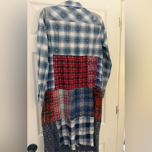 Free People Tricia Fix Patchwork Plaid Fringe Rhinestone Maxi Button Up Top Sz M - Picture 3 of 3